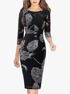 VFSHOW Black Floral Print Sheath Dress - Elegant Work-to-Event Style